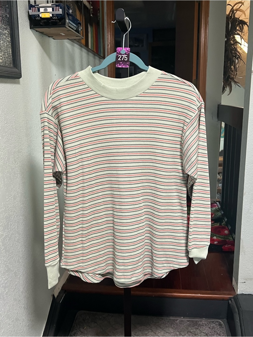NWOT Sonoma Striped Waffle Knit Top in Green, Orange & Gray Size S #275